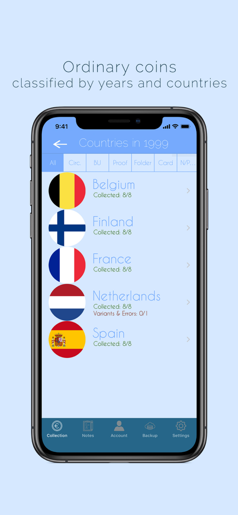 Euro Coins Album - Euro Coins Album app screen showing coin collection progress by country and year
