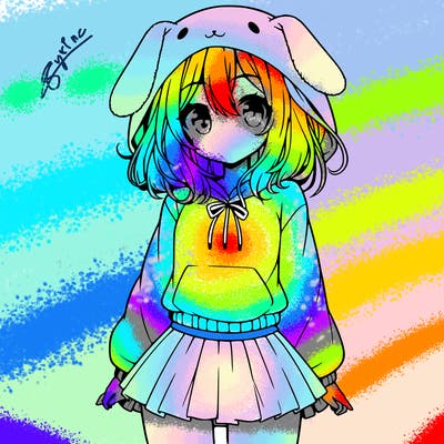 pretty anime girl wearing a fluffy hoodie with bunny ears on the hood and a skirt