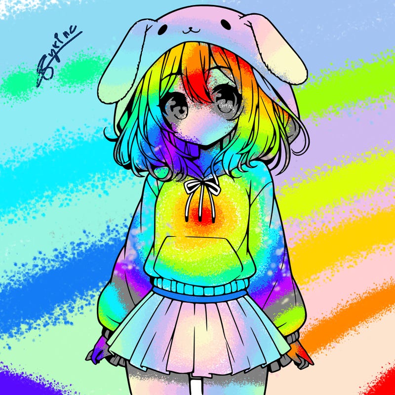 pretty anime girl wearing a fluffy hoodie with bunny ears on the hood and a skirt