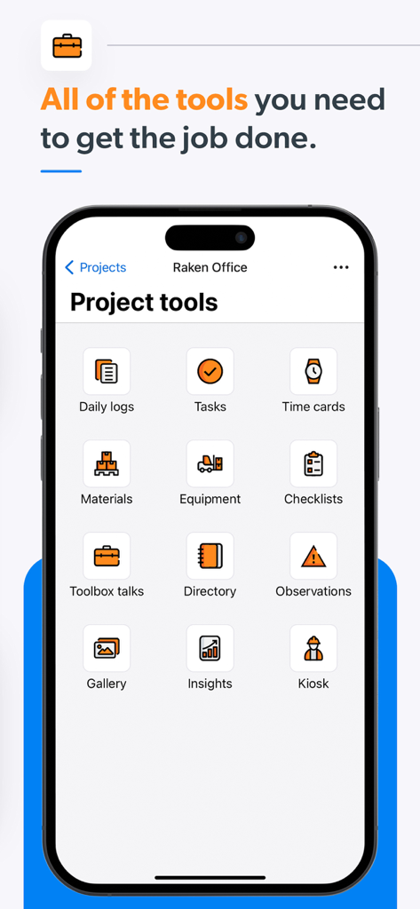 A smartphone screen displaying the project tools menu of the Raken construction management app.
