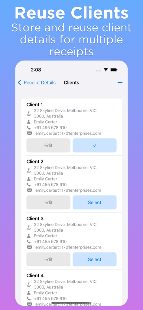 Receipt Maker Generator - A mobile interface showing a list of saved clients with addresses and contact information to reuse for receipts