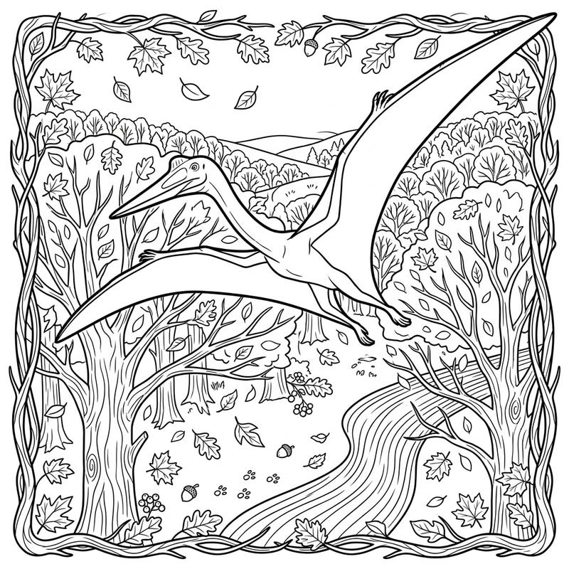 Discover the awe-inspiring Quetzalcoatlus, one of the largest flying creatures ever, as it graces an autumnal landscape. This detailed coloring page combines prehistoric wonder with the beauty of the fall season, perfect for enthusiasts of all ages.