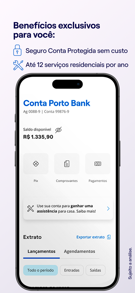 Porto: Conta Digital e Seguros - Interface of Porto Bank digital account displaying balance and financial services