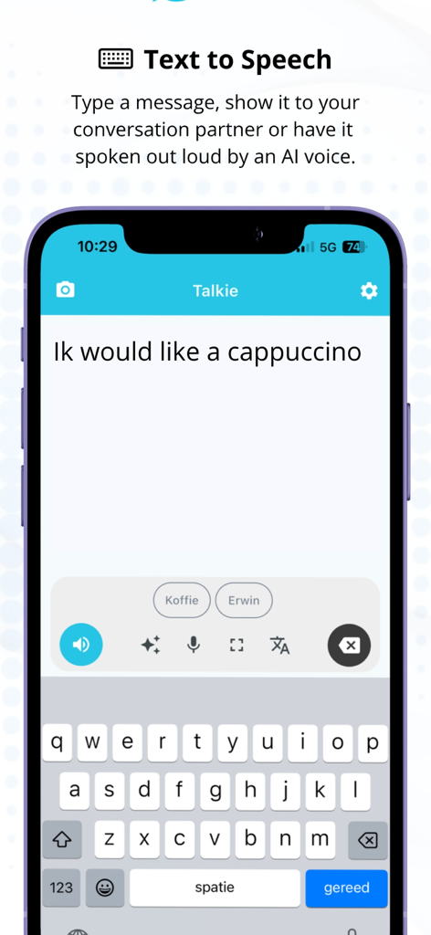Text to Speech - Talkie - メッセージが入力されているTalkieアプリのテキスト読み上げインターフェースを表示するスマートフォンの画面