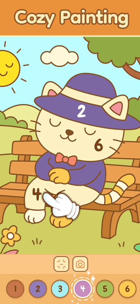 Eine niedliche Katze mit Hut sitzt auf einer Parkbank und wird in einem entspannenden Handyspiel nach Zahlen ausgemalt.