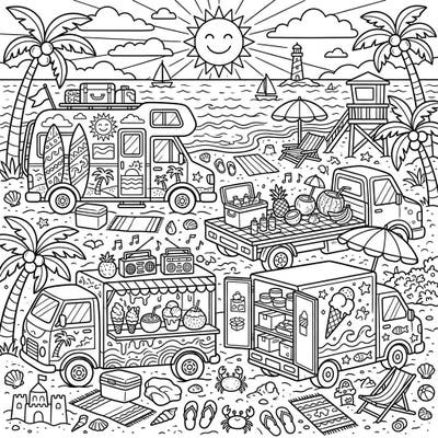 Get ready for a vibrant summer adventure with this detailed coloring page featuring a lively beach filled with commercial vehicles. From ice cream trucks to camper vans, this scene offers endless creative possibilities for a sunny day of coloring fun.