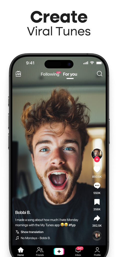 MyTunes : AI Music Generator - Una pantalla de smartphone que muestra un vídeo viral en redes sociales con una canción creada con la aplicación generadora de música IA MyTunes.