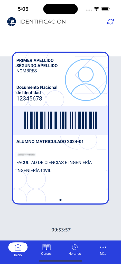 PUCP Móvil - Carné de estudiante virtual en la aplicación PUCP Movil que muestra el nombre del estudiante, número de identificación y detalles del departamento académico con un código de barras.