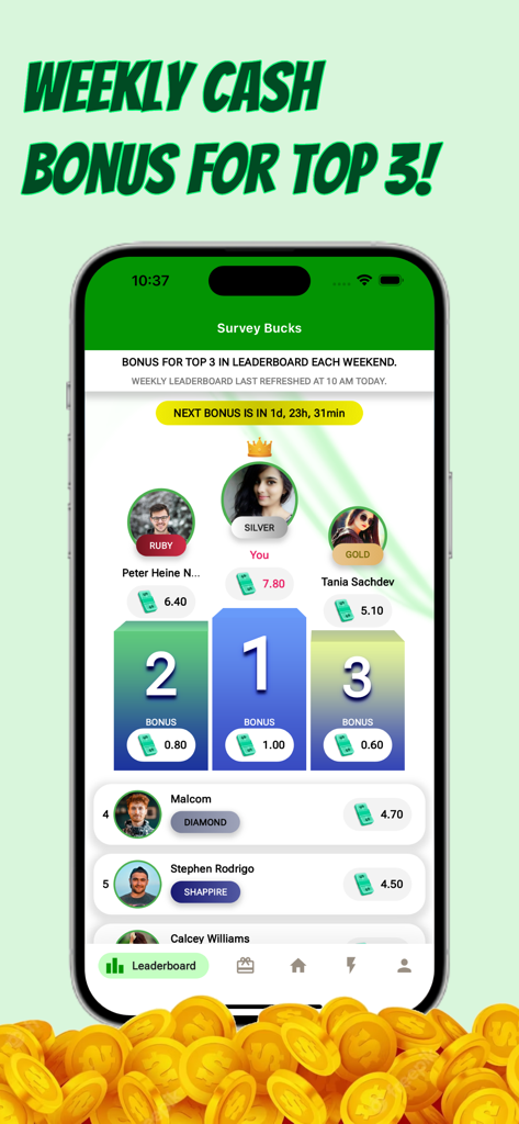 Survey Bucks app leaderboard interface showing top ranked users and weekly cash bonuses.
