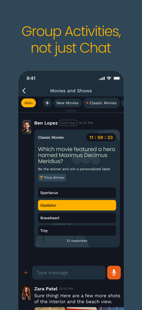Tribe Chat - Find Your Tribe - Captura de pantalla de la aplicación Tribe Chat mostrando un concurso interactivo de trivia de películas dentro de una interfaz de chat grupal futurista.