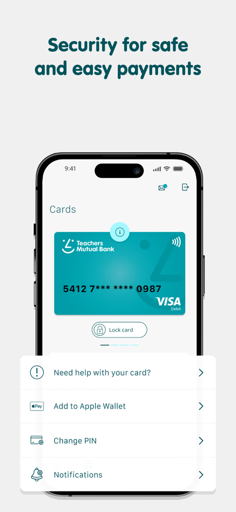 TMBank - TMBank mobile app interface for card security and management showing a lock card button and digital wallet options