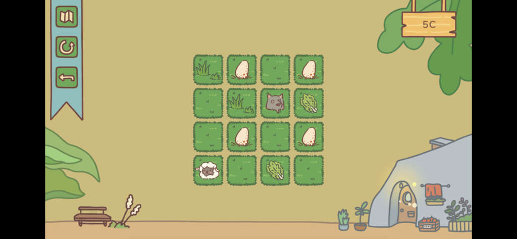 Gameplay of Animal Planner showing a grid-based sliding puzzle with cute animal icons and eggs