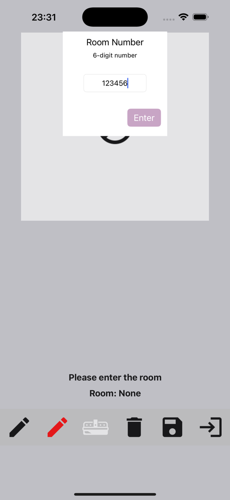 Drawing Online - A mobile app interface showing a pop-up window to enter a six-digit room number for collaborative drawing.