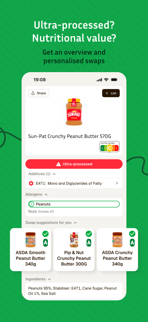 The Food App – Scan and swap - A mobile app interface showing an ultra-processed food product with healthy swap recommendations.