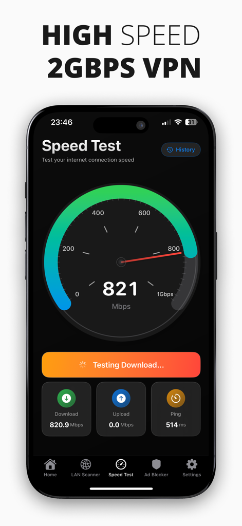 NetVPN Adblock Proxy Unlimited - NetVPN app speed test screen displaying 821 Mbps connection speed