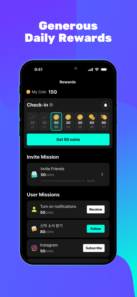 Vigloo app rewards screen showing daily check-in and user missions to earn coins