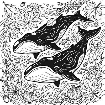 Explore the unique blend of ocean giants and harvest beauty with this exquisite bowhead whales autumn coloring page. Delve into a scene rich with falling leaves, pumpkins, and graceful marine life, perfect for a relaxing creative escape.