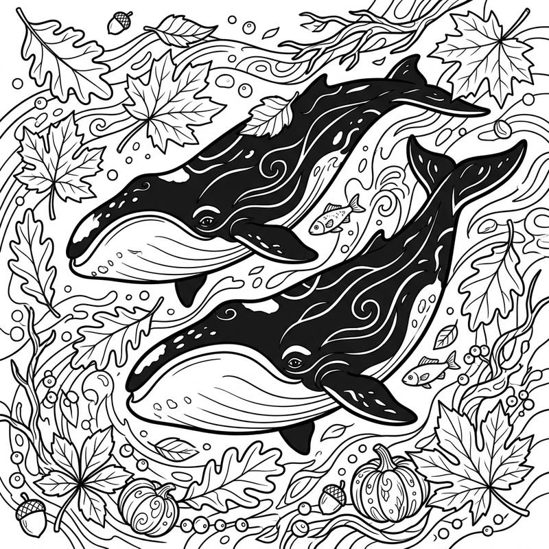 Explore the unique blend of ocean giants and harvest beauty with this exquisite bowhead whales autumn coloring page. Delve into a scene rich with falling leaves, pumpkins, and graceful marine life, perfect for a relaxing creative escape.
