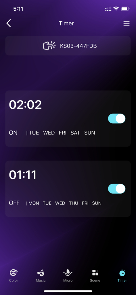 Dazzling Home - Timer settings screen in the Dazzling Home app for scheduling smart light activation