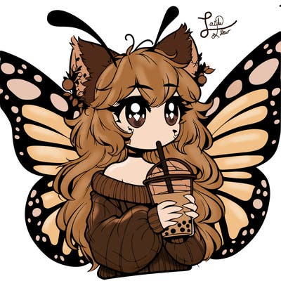 a realistic butterfly/furry girl drinking boba