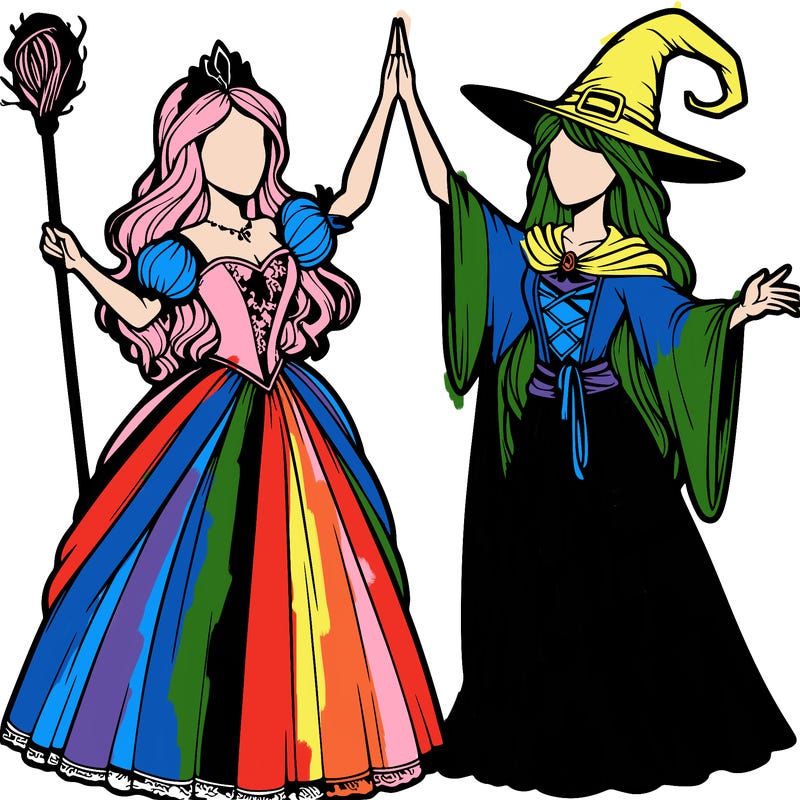 detailed realistic split of a princess and a witch