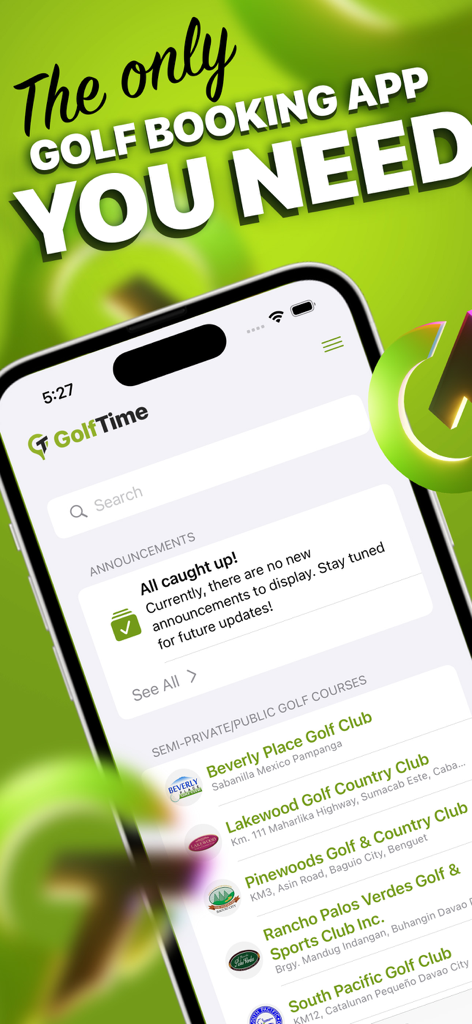 GolfTime - Golf Booking App - iPhone screen displaying the GolfTime app interface with a search bar and a list of premium golf clubs available for booking