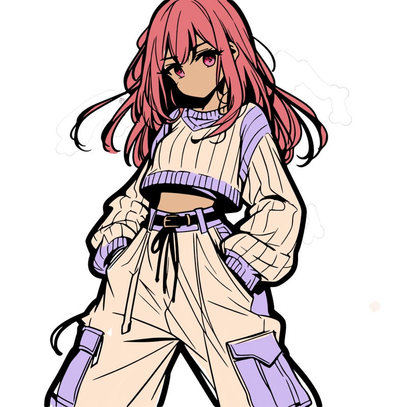 anime teen girl with baggy pants and crop top with sweater