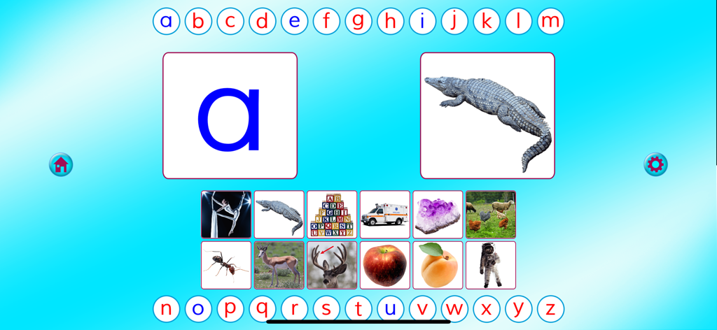 ABC MAGIC PHONICS 2 Deluxe - Educational screen from ABC Magic Phonics 2 showing the lowercase letter a with an alligator and a grid of related phonetic images