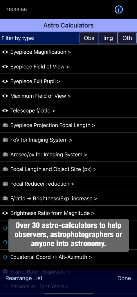 Polar Scope Align Pro Watch - A list of astronomy and astrophotography calculators in the Polar Scope Align Pro mobile app interface
