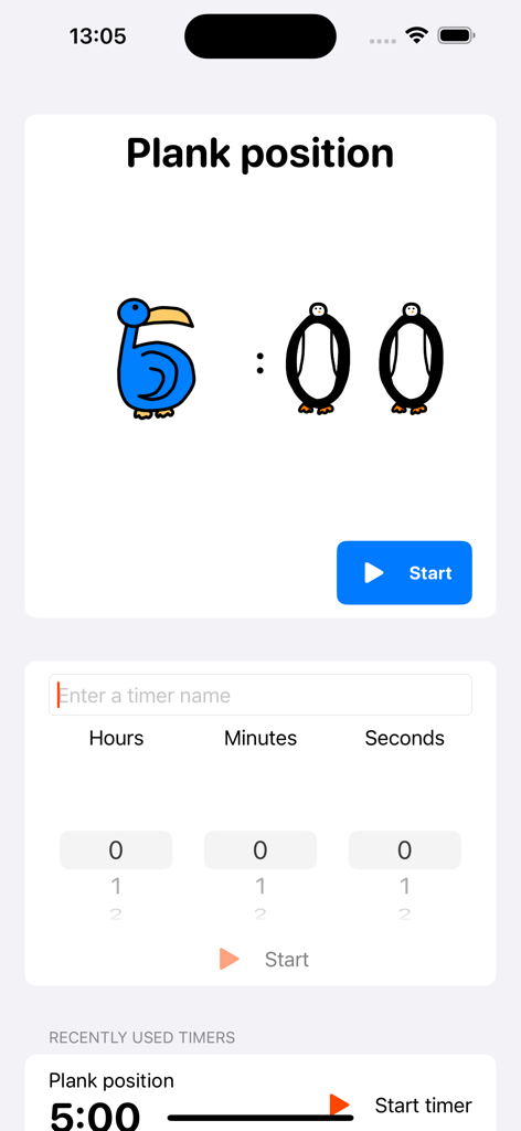 Rohrig's Animal Timer - Interface of Rohrig's Animal Timer app showing a workout timer for plank position with numbers shaped like a bird and penguins.