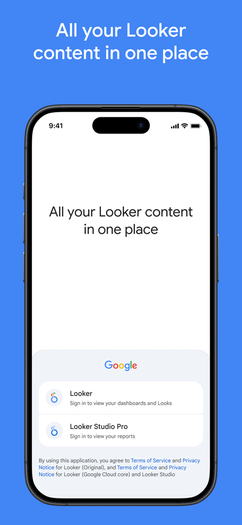 Tela de boas-vindas do aplicativo Looker em um iPhone exibindo opções de login para Looker e Looker Studio Pro.