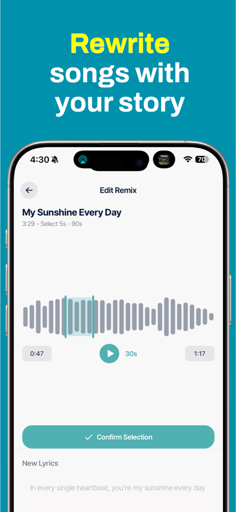 AI Song Generator - Neume - A mobile app screenshot of Neume AI Song Generator showing the Edit Remix interface where users can rewrite lyrics and select song segments via a waveform.