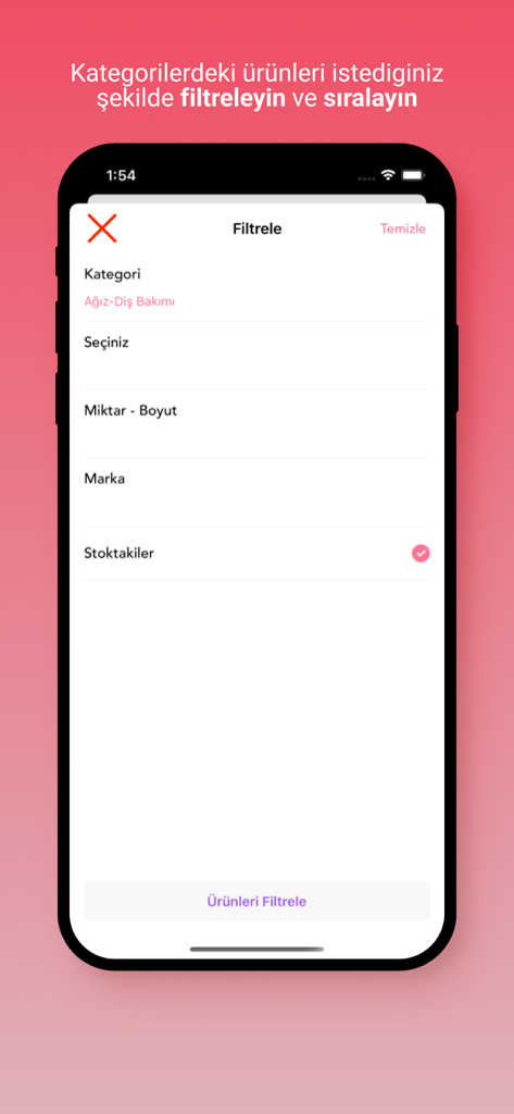 DermoEczanem - Produktfilter-Oberfläche in der DermoEczanem App mit Kategorien- und Markenauswahl