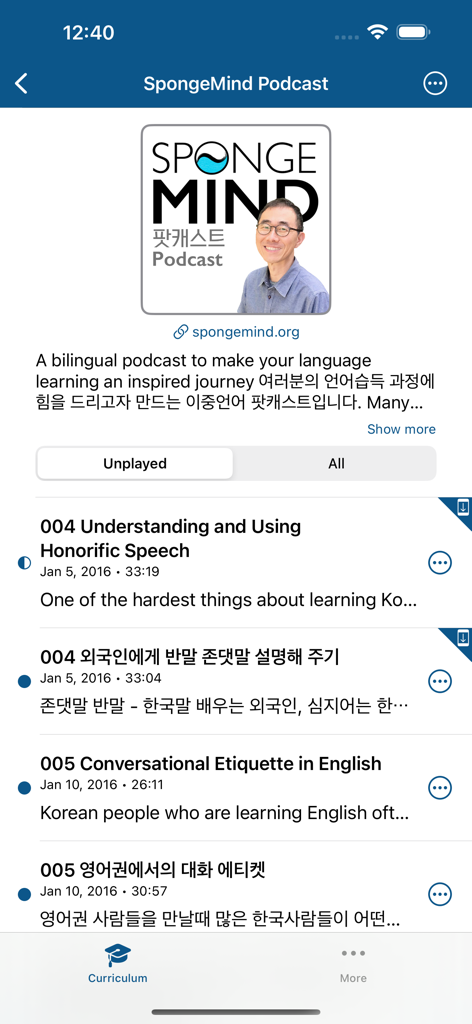 A screenshot of the SpongeMind Podcast episode list within the Korean Lessons plus app showing lessons on honorific speech and etiquette