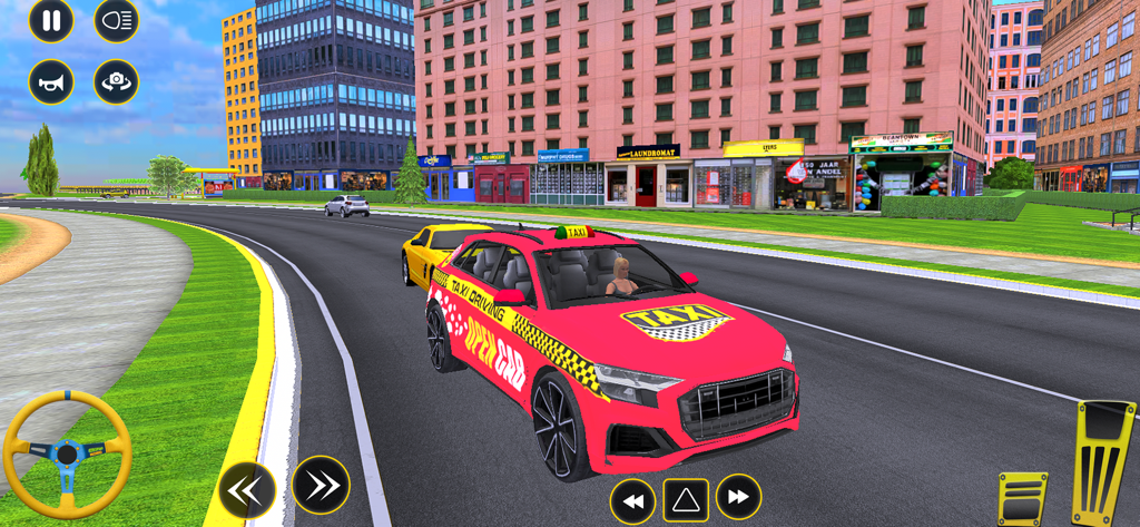 Taxi Car Simulator park Games - Un coche taxi moderno de color rosa conduciendo por una calle de la ciudad en un entorno de juego de simulación 3D.