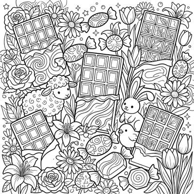 Celebrate the joy of spring with this delightful coloring page bursting with an irresistible assortment of chocolates and candies. Adorable spring animals like a lamb, bunny, and chick join the floral fun, creating a truly sweet and festive scene.