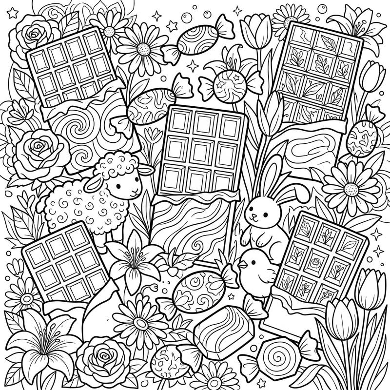 Celebrate the joy of spring with this delightful coloring page bursting with an irresistible assortment of chocolates and candies. Adorable spring animals like a lamb, bunny, and chick join the floral fun, creating a truly sweet and festive scene.