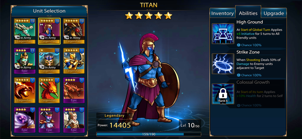 Character profile of the Legendary Titan hero in Era of Magic Wars showing power level and tactical abilities