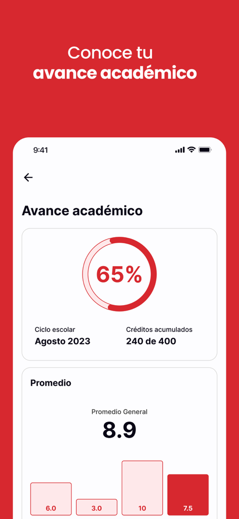 Pantalla de la app Conexión Lince UVM que muestra el progreso académico y el promedio de calificaciones.