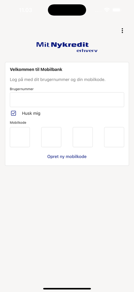 MitNykredit Erhverv - Page de connexion de l'application bancaire professionnelle MitNykredit Erhverv avec des champs pour le nom d'utilisateur et le code PIN mobile