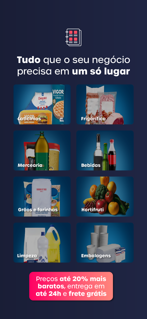 Cayena - Interface do aplicativo Cayena exibindo várias categorias de suprimentos, incluindo laticínios, carnes e produtos agrícolas, com a promessa de entrega em 24 horas.