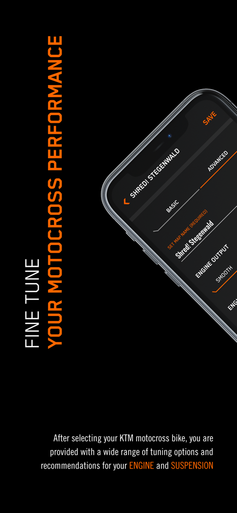 Interfaccia dell'app KTMconnect per la messa a punto delle prestazioni del motore e delle sospensioni per il motocross.