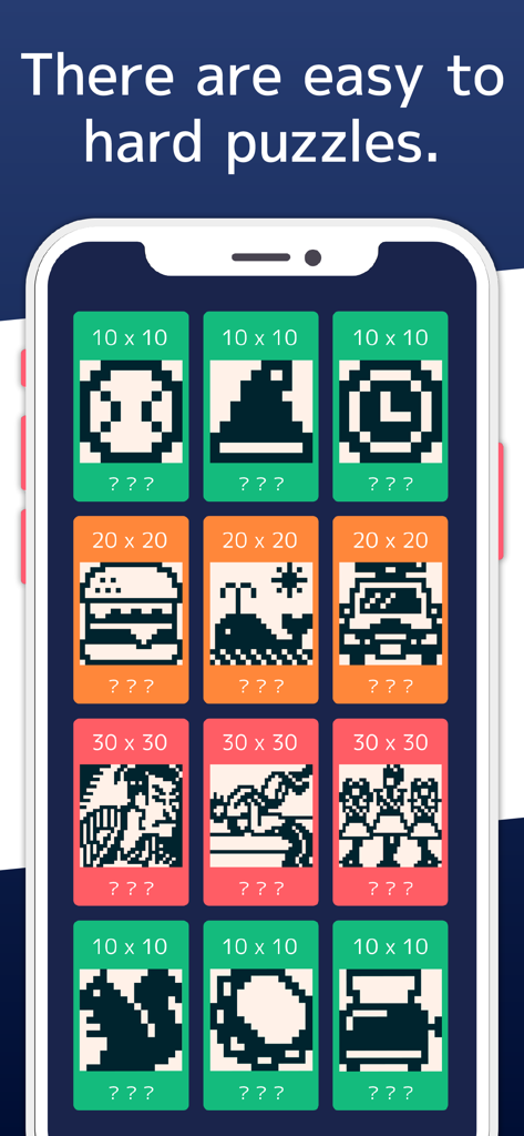 Nonograms 999 app screen showing a grid of easy to hard puzzles with various pixel art illustrations