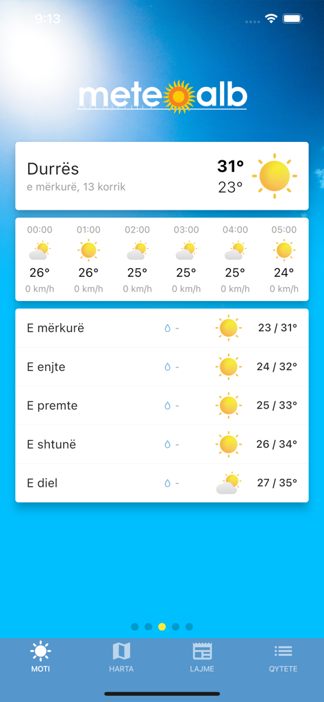 MeteoAlb - MeteoAlb app interface showing daily and hourly weather forecast for Durres Albania