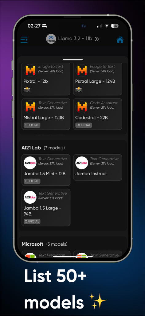 AI Hub: 50+ Open Source LLM - Interface of the AI Hub app showing a comprehensive list of over 50 open source LLM models organized by provider