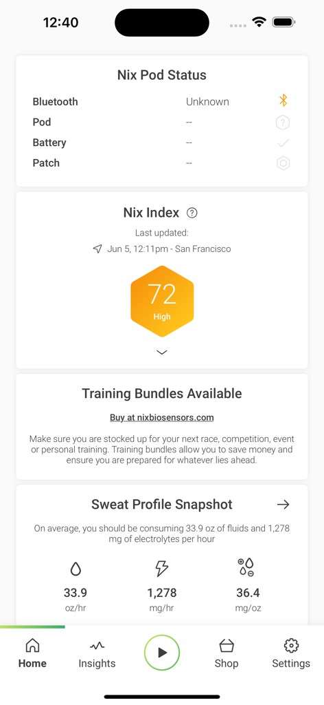 Nix Solo - Startbildschirm der Nix Solo App, der den Nix-Index und eine Momentaufnahme des Schweißprofils zur Hydratationsverfolgung anzeigt.