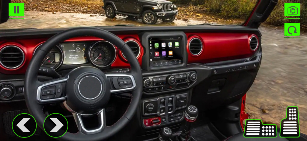 Offroad Car Simulator Games 3D - Vista interior 3D realista del salpicadero de un jeep todoterreno rojo con volante y controles de juego móvil