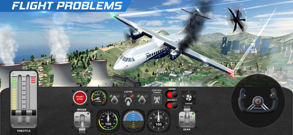 AFPS Airplane Flight Pilot Sim - Airplane flight simulator gameplay showing an engine failure emergency mission