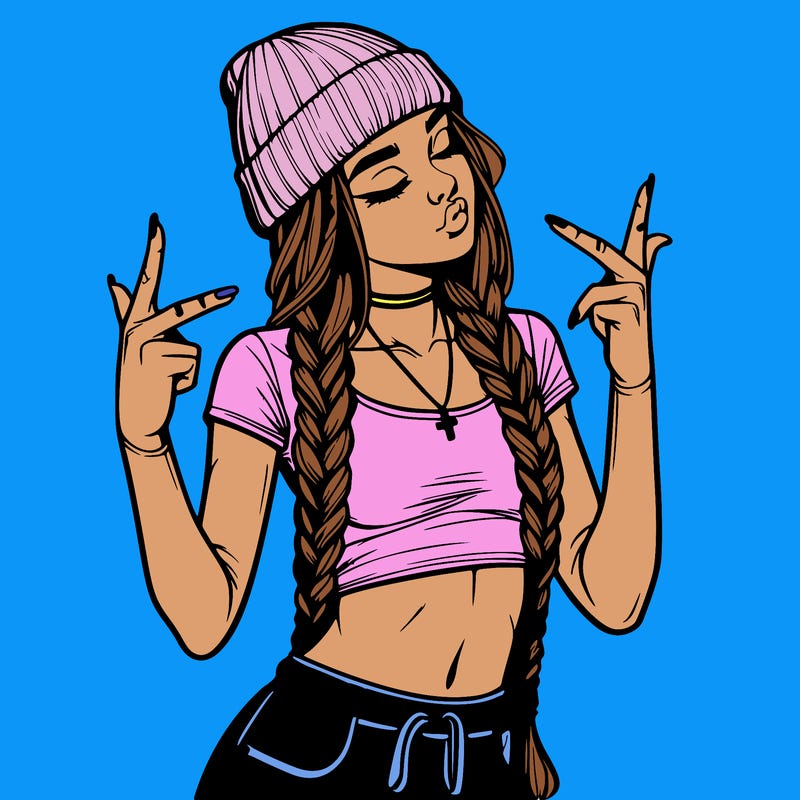 realistic teenage girl with braids and a beanie and crop top doing 🫶🏼