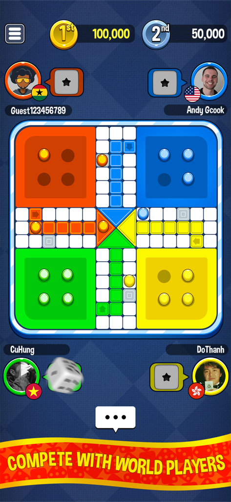 Ludo Star Ludo King - Mobile gameplay of Ludo Star showing four players from different countries in an online match